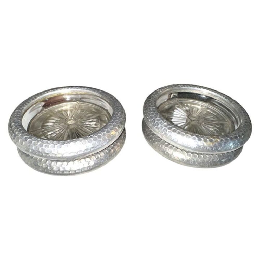 Vintage Hammered Aluminum Rim Glass Starburst Coasters Set of 4